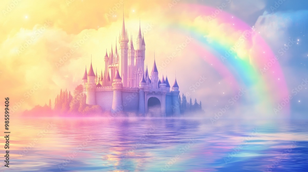 Beautiful pastel castle glowing under the sun, with a soft rainbow in the sky, against a dynamic futuristic background, creating a magical effect, vector art Beautiful pastel castle glowing under the sun, with a soft rainbow in the sky, against a dynamic futuristic background, creating a magical effect, vector art