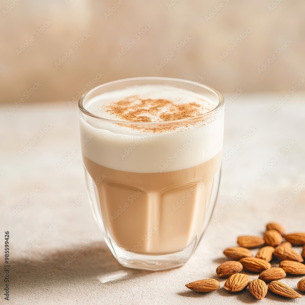 Creamy Latte with Almonds on a Rustic Table Creamy Latte with Almonds on a Rustic Table