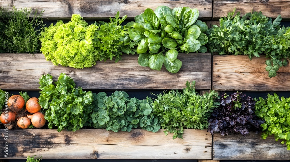 Fresh herbs and greens on wooden shelves Fresh herbs and greens on wooden shelves