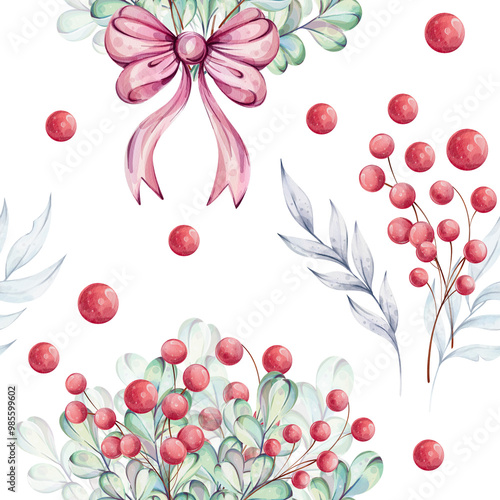 Wallpaper Mural Christmas watercolor seamless pattern - bouquets with holly blue leaves and red berries, bow. Winter composition, decor in retro style. Illustration hand drawn. For wallpaper, background, fabric Torontodigital.ca