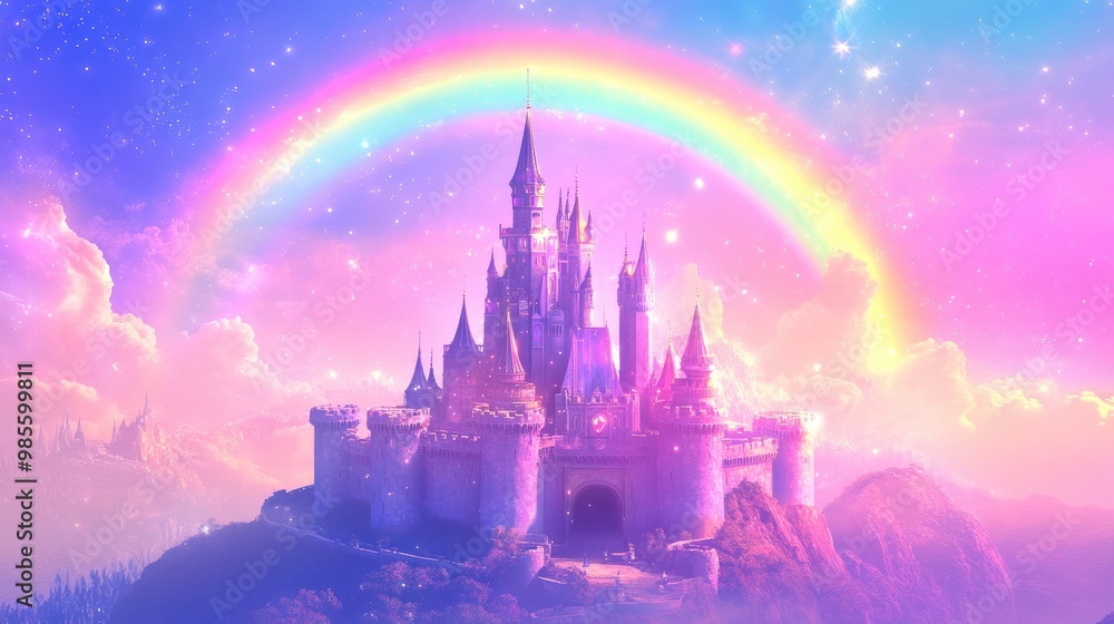 Naklejka premium A magical pastel castle under sunlight, with a softly glowing rainbow overhead, placed against a vibrant futuristic background, vector art