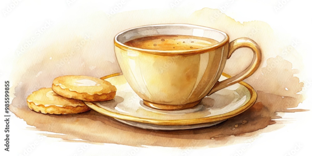 Golden toned watercolor drawing of a cup of coffee with a biscuit Golden toned watercolor drawing of a cup of coffee with a biscuit