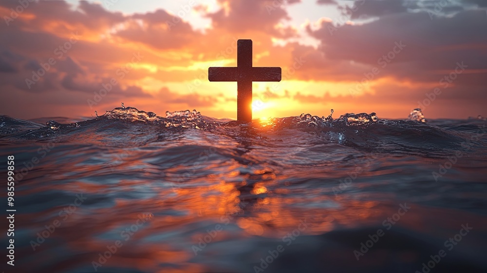 A wooden cross emerges from the ocean waves, silhouetted against a vibrant sunset sky A wooden cross emerges from the ocean waves, silhouetted against a vibrant sunset sky
