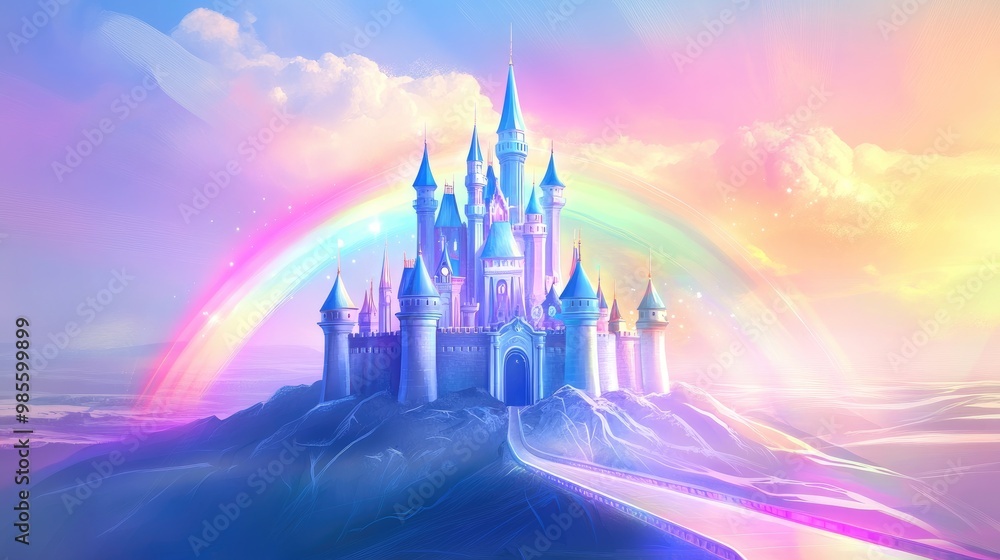 Obraz premium A pastel beautiful castle glowing softly under the sunshine, with a radiant rainbow arching over it, set against a dynamic futuristic background, vector art