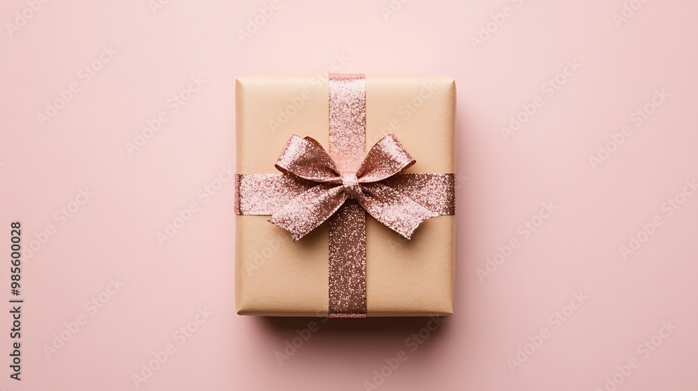A Gift Box Wrapped in Tan Paper with a Rose Gold Bow A Gift Box Wrapped in Tan Paper with a Rose Gold Bow