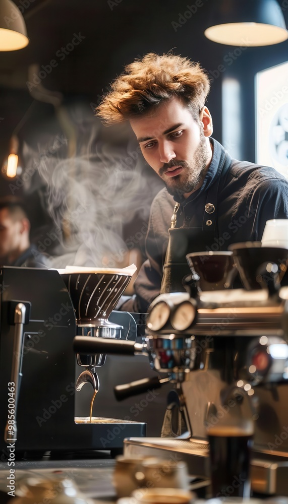 Barista preparing coffee in a trendy cafe, with steam rising from the espresso machine, capturing the essence of modern coffee culture. Barista preparing coffee in a trendy cafe, with steam rising from the espresso machine, capturing the essence of modern coffee culture.