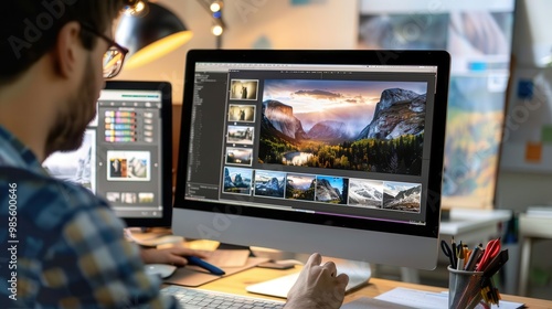 Graphic designer editing landscape photos on a desktop computer in a modern office, showcasing photography work and creativity.