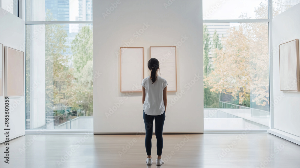 curious traveler exploring a modern art gallery, admiring vibrant installations and contemporary artwork, with large windows allowing natural light to flood the space, creating a d curious traveler exploring a modern art gallery, admiring vibrant installations and contemporary artwork, with large windows allowing natural light to flood the space, creating a d