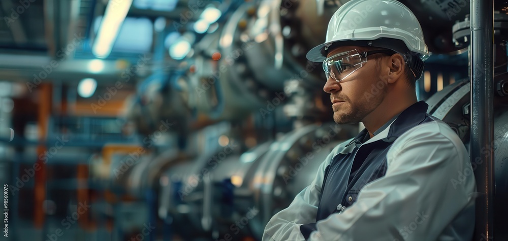 Engineer in a hard hat and safety glasses inspecting machinery in an industrial facility, showcasing technology and industry operation. Engineer in a hard hat and safety glasses inspecting machinery in an industrial facility, showcasing technology and industry operation.