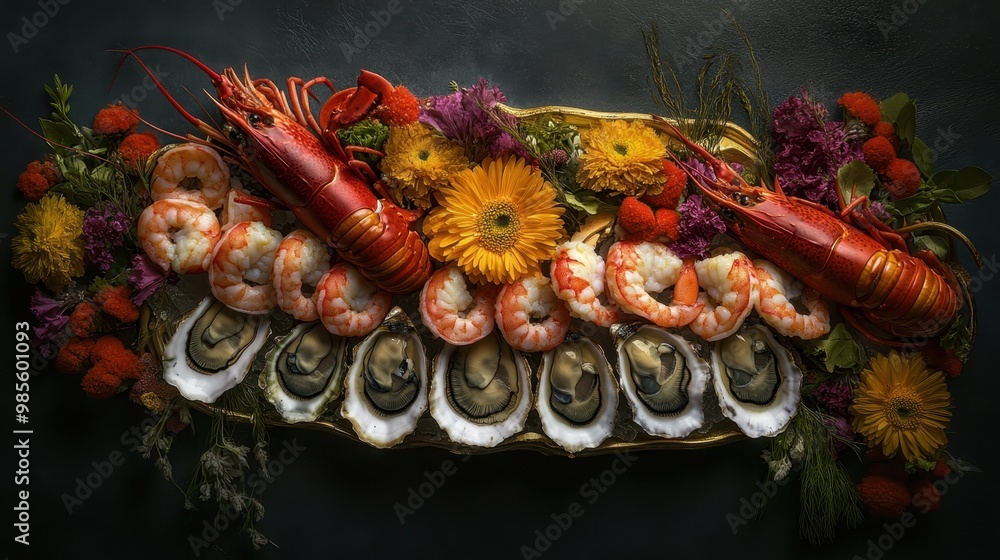 Naklejka premium Delicious seafood platter with oysters, prawns, crayfish, and vibrant flowers.
