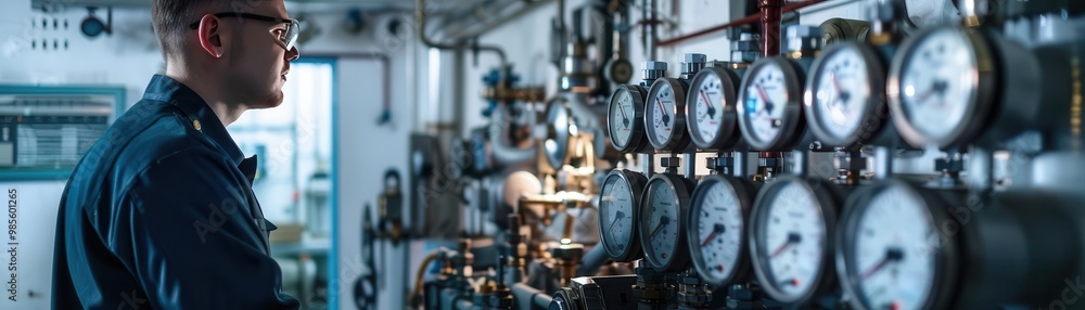 Engineer inspecting equipment in an industrial control room with gauges and machinery. Focus on maintenance and technical operations. Engineer inspecting equipment in an industrial control room with gauges and machinery. Focus on maintenance and technical operations.
