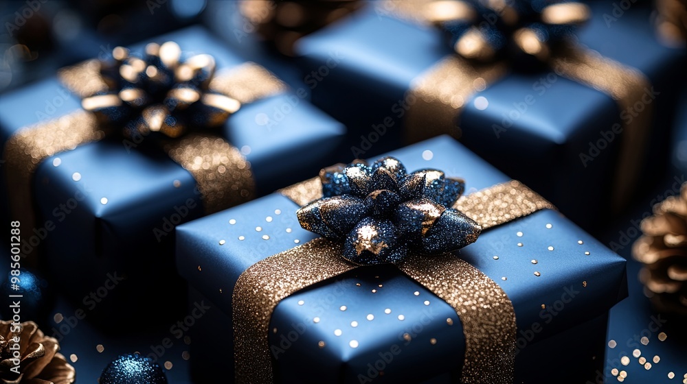 Blue And Gold Gift Boxes With Glitter And Ribbons Blue And Gold Gift Boxes With Glitter And Ribbons