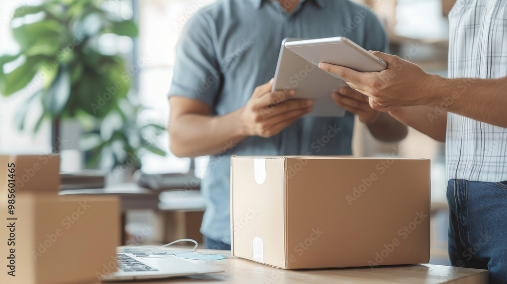 Two business owners collaborate, one holding a tablet while the other prepares a packaging box, illustrating teamwork in an online retail business photo Two business owners collaborate, one holding a tablet while the other prepares a packaging box, illustrating teamwork in an online retail business photo
