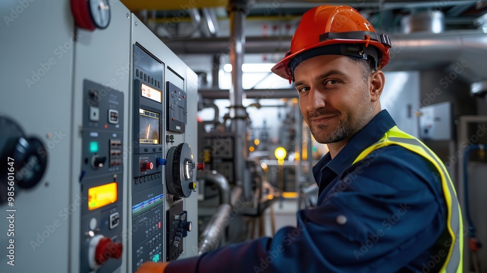 Engineer in safety gear operating machinery in an industrial plant. Focus on control panel and professional worker ensuring efficient workflow. Engineer in safety gear operating machinery in an industrial plant. Focus on control panel and professional worker ensuring efficient workflow.