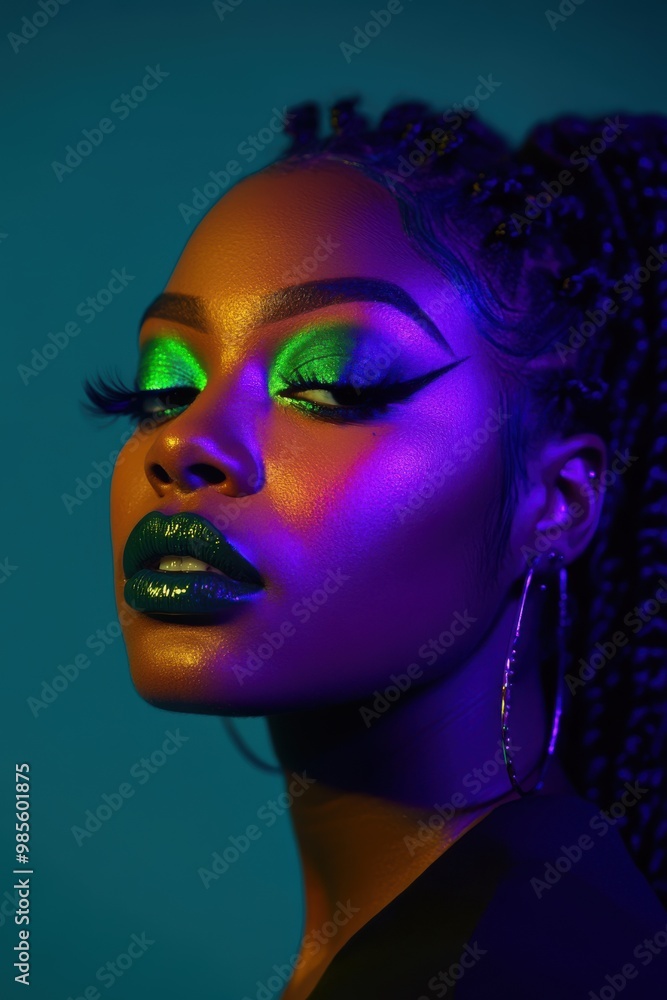Portrait of a Black woman with elaborate witch makeup, featuring dark purple eyeshadow and green lips, copy space in the middle, in a midnight blue and neon green studio background, Halloween theme Portrait of a Black woman with elaborate witch makeup, featuring dark purple eyeshadow and green lips, copy space in the middle, in a midnight blue and neon green studio background, Halloween theme