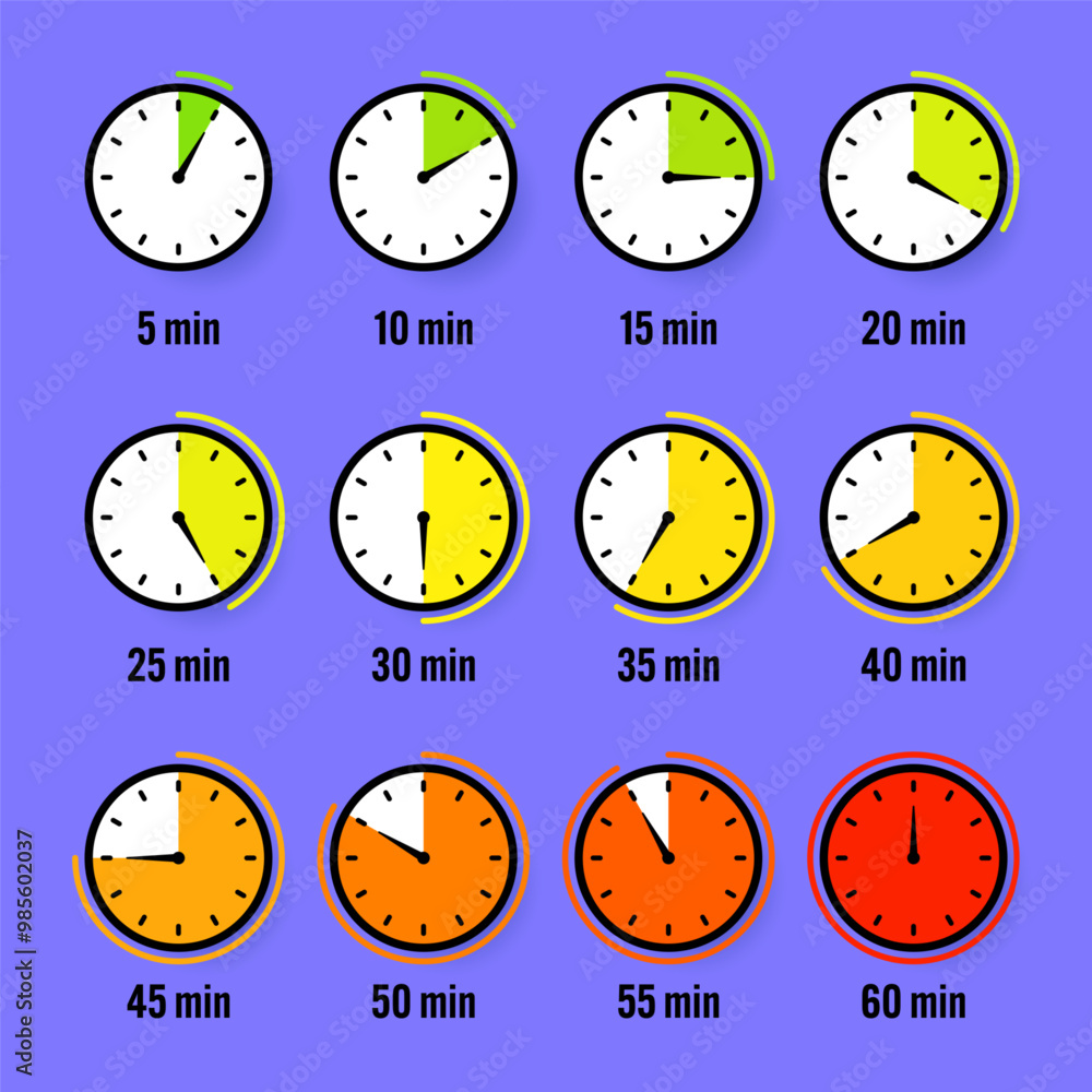Stopwatch icons. Colorful simple chronometer, time counter with dial. Countdown timer showing hours and minutes. Deadline, measurement for sport. Cooking time label, sticker. Vector illustration