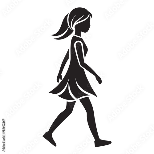 Walking young girl icon silhouette vector illustration on a white background