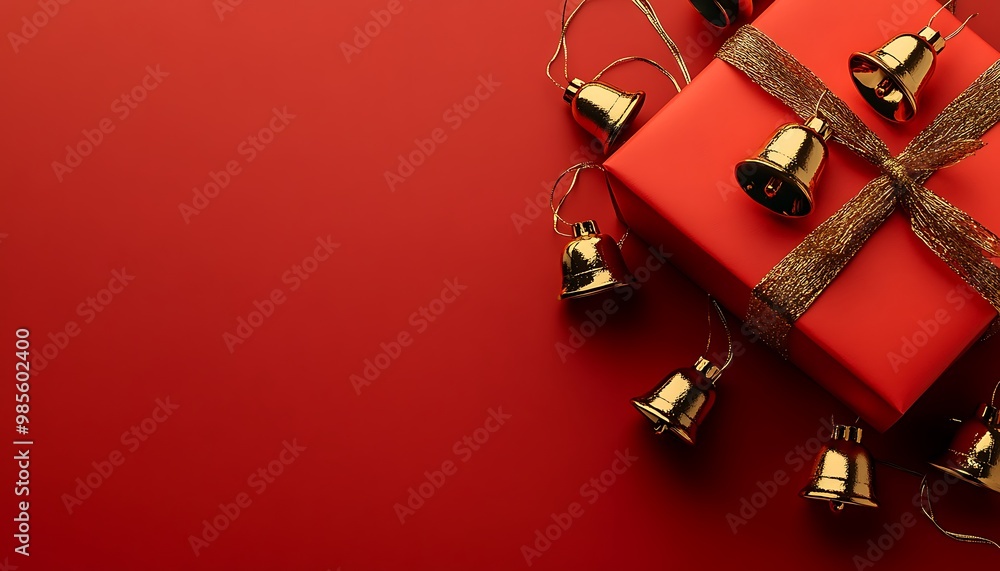 Red Gift Box Decorated with Golden Bells and Ribbon Red Gift Box Decorated with Golden Bells and Ribbon