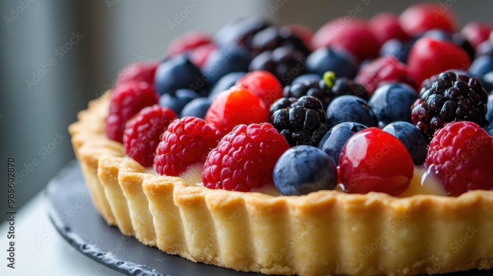 Close-up of a berry tart with fresh raspberries, blueberries, and blackberries. Close-up of a berry tart with fresh raspberries, blueberries, and blackberries.