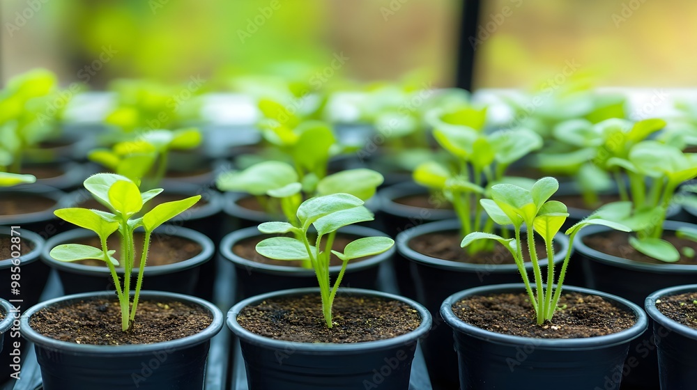 Fresh young plants in black pots, green leaves Fresh young plants in black pots, green leaves