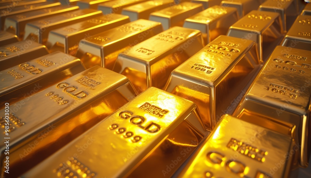 A stack of shiny gold bars neatly arranged, symbolizing wealth, investment, and financial security A stack of shiny gold bars neatly arranged, symbolizing wealth, investment, and financial security