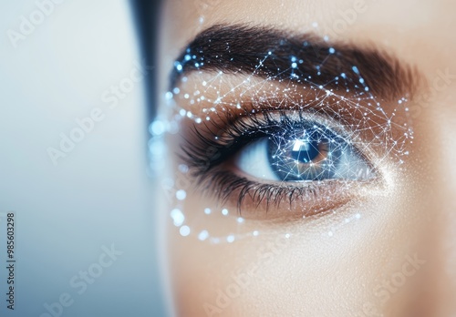 This close-up features a human eye adorned with glowing holographic patterns representing futuristic technology and vision photo