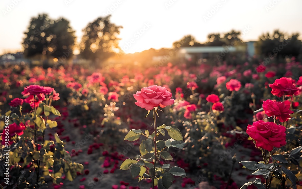 A single pink rose stands out in a field of blooming roses bathed in the golden light of sunset. A single pink rose stands out in a field of blooming roses bathed in the golden light of sunset.