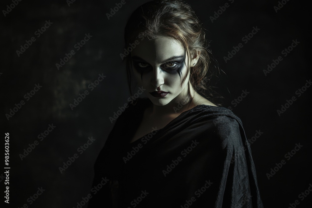 Portrait of a Caucasian woman with vampire queen makeup, wearing a dark, flowing cape, copy space in the middle, in a black background, Halloween theme, regal and terrifying, dramatic shadow lighting Portrait of a Caucasian woman with vampire queen makeup, wearing a dark, flowing cape, copy space in the middle, in a black background, Halloween theme, regal and terrifying, dramatic shadow lighting