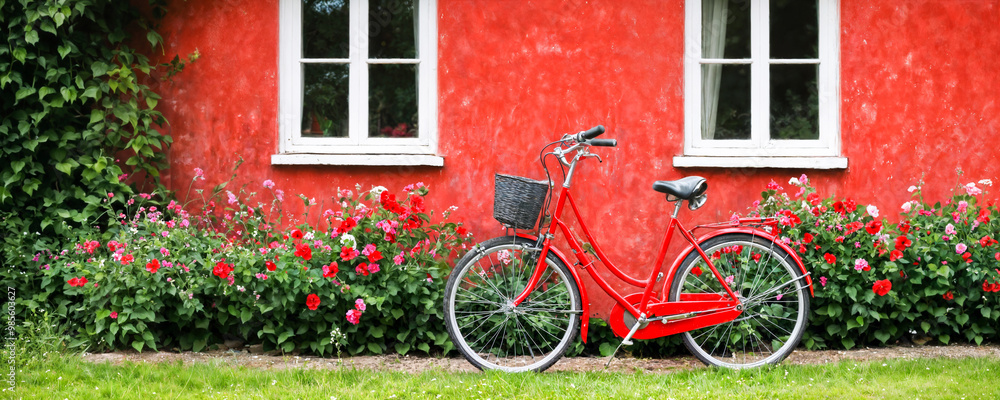 A bright red bicycle rests by a quaint cottage adorned with blooming flowers, capturing the essence of springtime in a serene countryside setting. A bright red bicycle rests by a quaint cottage adorned with blooming flowers, capturing the essence of springtime in a serene countryside setting.