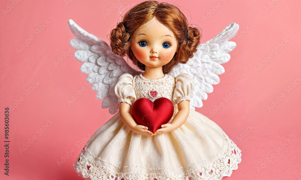 A charming doll with angel wings holds a red heart, dressed in a white gown, against a soft pink backdrop. A charming doll with angel wings holds a red heart, dressed in a white gown, against a soft pink backdrop.