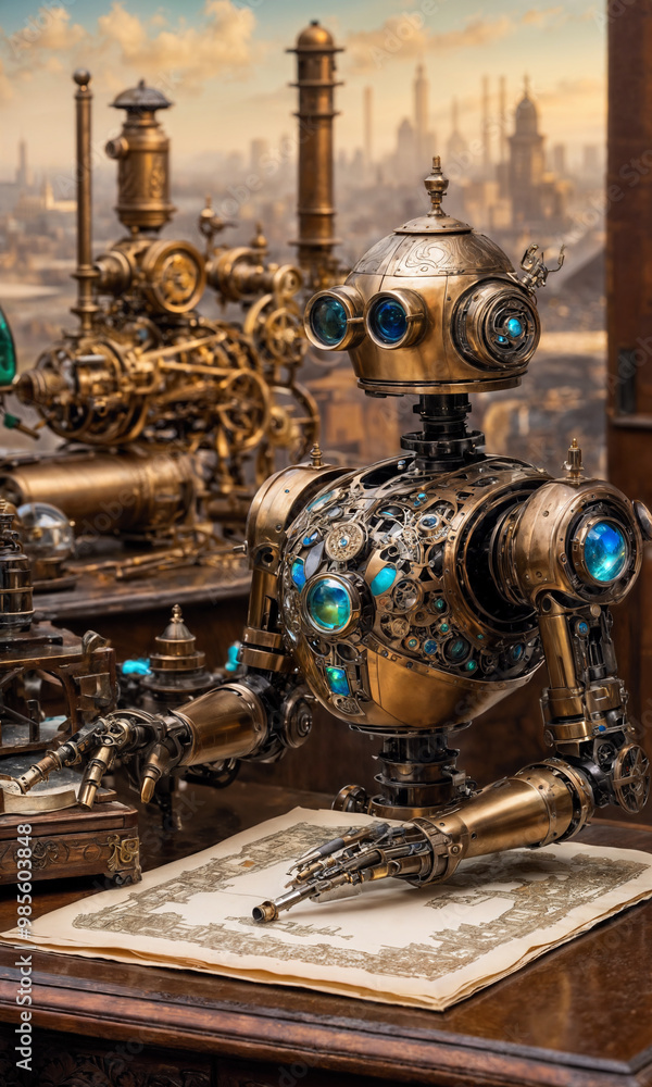 A metallic robot adorned with gears and lenses carefully draws complex illustrations while seated at a wooden desk with a cityscape backdrop. A metallic robot adorned with gears and lenses carefully draws complex illustrations while seated at a wooden desk with a cityscape backdrop.
