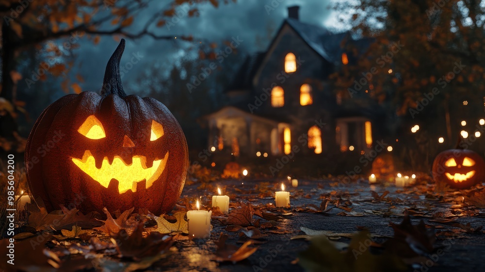 Obraz premium Halloween scary pumpkin, candles and dry leaves on the background of the evening house. halloween background.