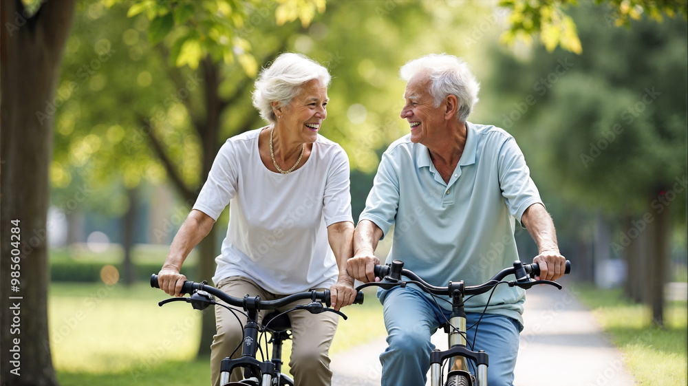 custom made wallpaper toronto digitalAn elderly couple smiles joyfully at each other while riding bicycles through a tranquil park filled with lush greenery, basking in the warm autumn sunlight.