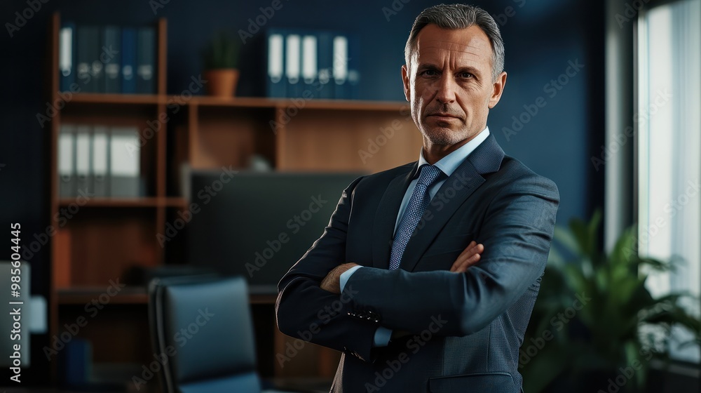 Fototapeta premium Happy middle aged business man ceo standing in office arms crossed. AI Generative