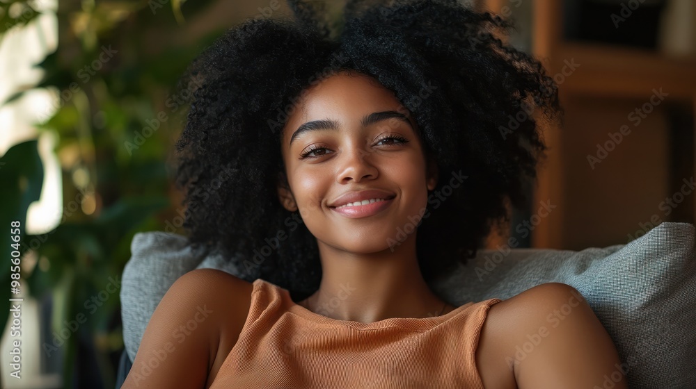 Fototapeta premium happy young african american young woman sitting in her chair smiling. AI Generative