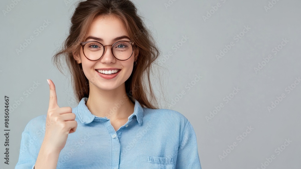 Happy young smiling professional business woman wearing blue shirt looking at camera pointing finger away at copy space showing aside presenting advertising offer standing isolated at gray background. Happy young smiling professional business woman wearing blue shirt looking at camera pointing finger away at copy space showing aside presenting advertising offer standing isolated at gray background.