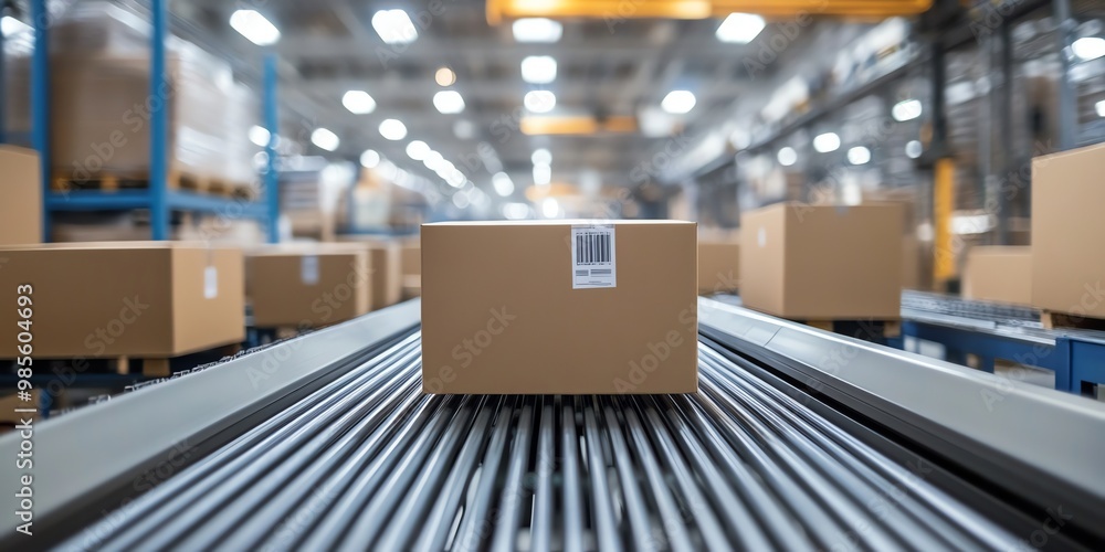 Cardboard box moving on a conveyor belt in a warehouse. Cardboard box moving on a conveyor belt in a warehouse.