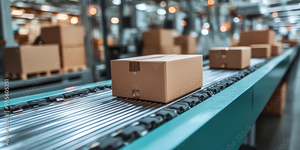 Cardboard boxes moving on conveyor belt in a warehouse. Cardboard boxes moving on conveyor belt in a warehouse.