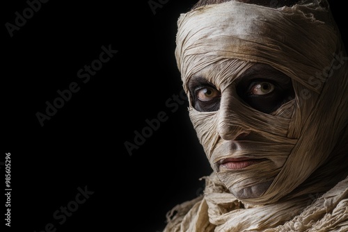 Portrait of a Middle Eastern man with mummy makeup, wrapped in worn bandages, copy space in the middle, in a black background, Halloween theme, ancient horror, hauntingly soft lighting