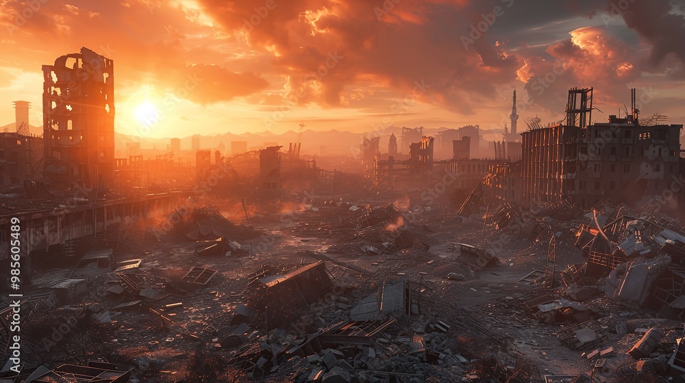 Post-Apocalyptic Landscape with Ruined City After Nuclear Event Post-Apocalyptic Landscape with Ruined City After Nuclear Event
