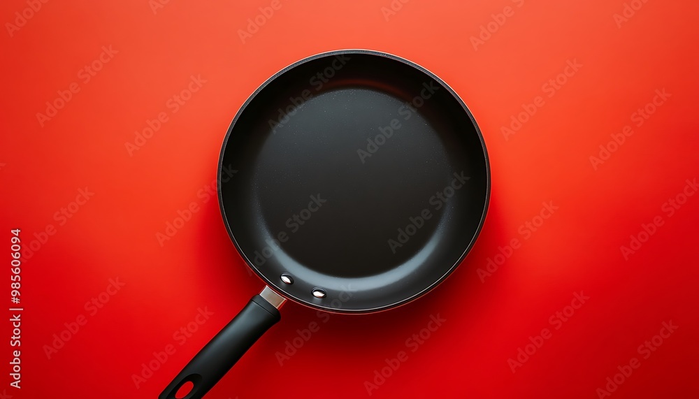 Black Frying Pan with Silver Rivets on a Red Background Black Frying Pan with Silver Rivets on a Red Background