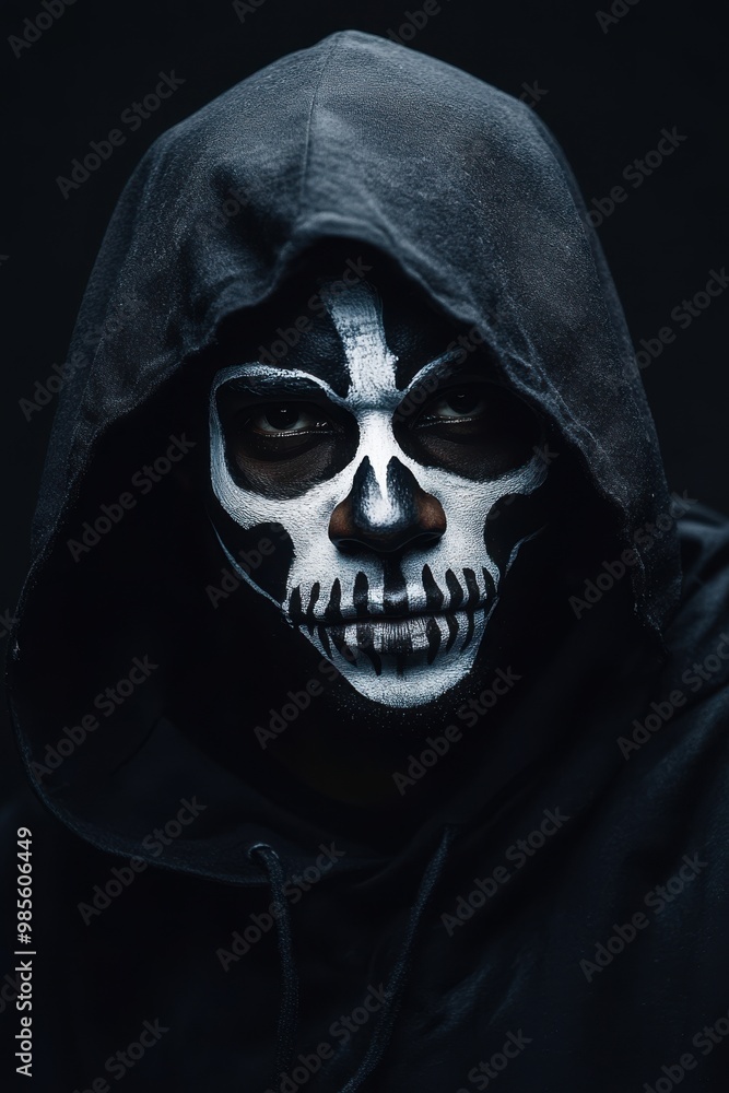 Portrait of an African American man with skeleton face paint, wearing a black hooded robe, copy space in the middle, in a black background, Halloween theme, spooky and skeletal, haunting lighting Portrait of an African American man with skeleton face paint, wearing a black hooded robe, copy space in the middle, in a black background, Halloween theme, spooky and skeletal, haunting lighting