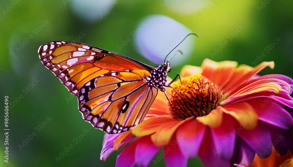 Obraz premium A macro shot of a vibrant butterfly perched on a bright flower, with intricate wing patterns and vivid colors standing out against a blurred, natural green background