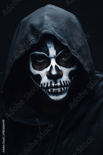 Portrait of an African American man with skeleton face paint, wearing a black hooded robe, copy space in the middle, in a black background, Halloween theme, spooky and skeletal, haunting lighting