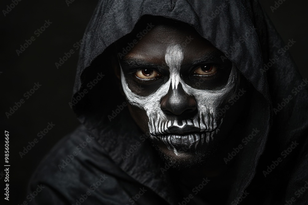 Portrait of an African American man with skeleton face paint, wearing a black hooded robe, copy space in the middle, in a black background, Halloween theme, spooky and skeletal, haunting lighting Portrait of an African American man with skeleton face paint, wearing a black hooded robe, copy space in the middle, in a black background, Halloween theme, spooky and skeletal, haunting lighting