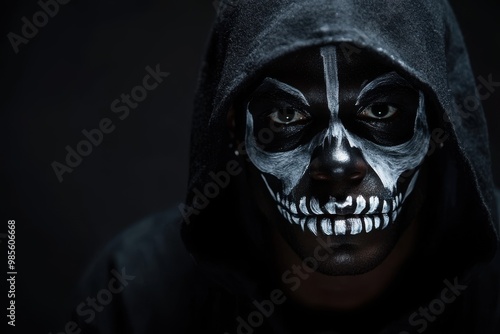 Portrait of an African American man with skeleton face paint, wearing a black hooded robe, copy space in the middle, in a black background, Halloween theme, spooky and skeletal, haunting lighting