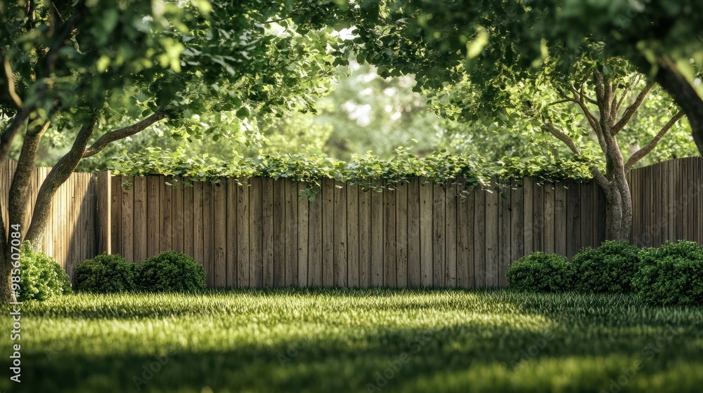Rustic wood backyard fence surrounded by green shade trees offers privacy and security Rustic wood backyard fence surrounded by green shade trees offers privacy and security