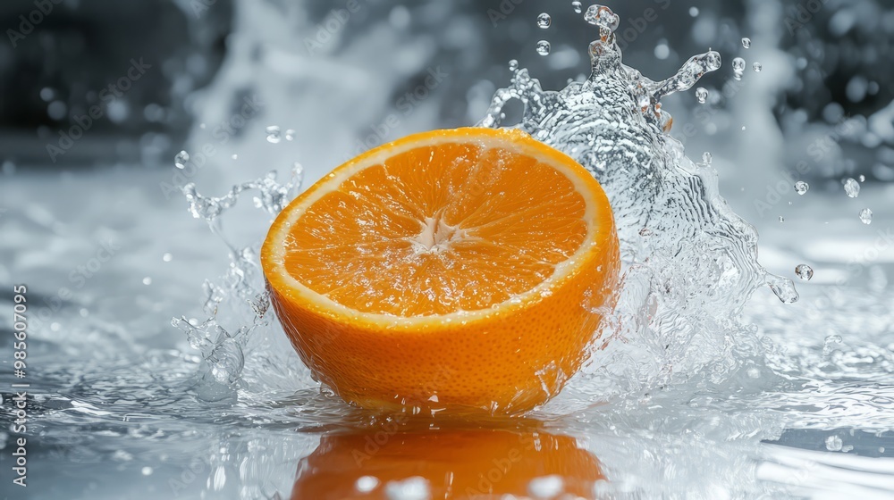 Orange Splash: Juicy orange half submerged in splashing water. Vibrant citrus freshness. Orange Splash: Juicy orange half submerged in splashing water. Vibrant citrus freshness.