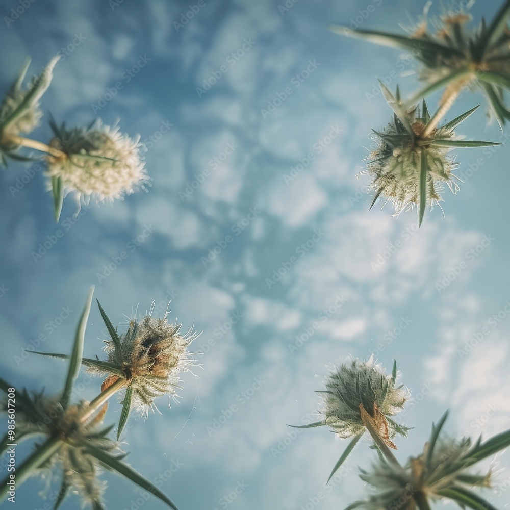 Dandelion seeds floating in blue sky Dandelion seeds floating in blue sky