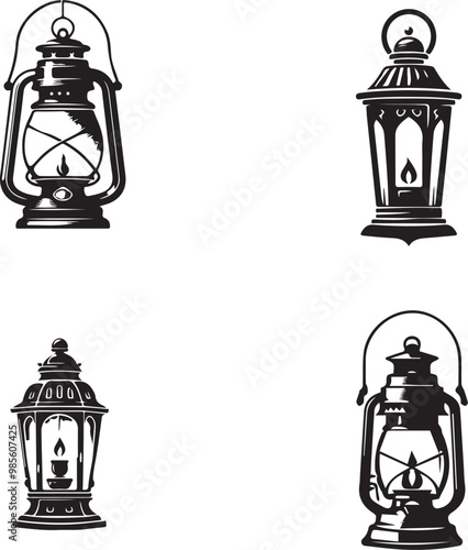 Vintage Lantern Silhouettes – Set of Four Decorative Designs